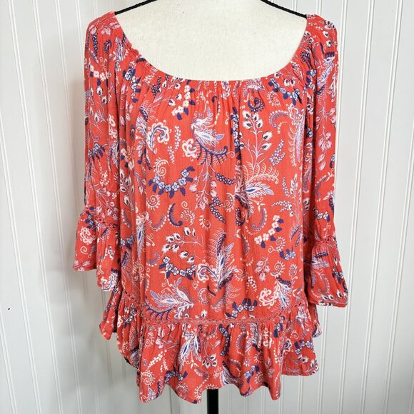 Democracy Women's Floral Boho Peasant Top Bell Sleeves Ruffle Hem Small Red/Blue - Picture 1 of 10